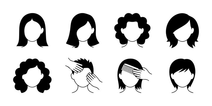 Black head hair icons collection on transparent background for salon and barbershop services.
