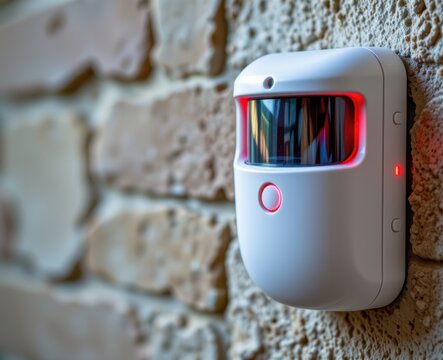 Wall-mounted motion sensor alarm with red light on textured brick wall for security systems