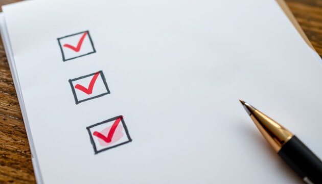 Checklist with three red checked boxes on white paper next to a black and gold pen.