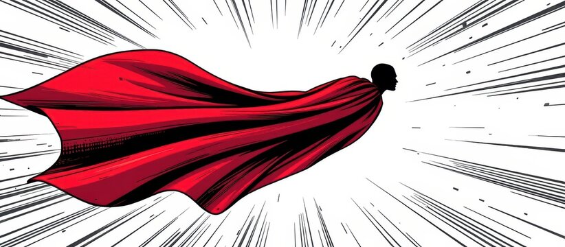 Silhouette of a flying superhero with a flowing red cape moving at high speed.
