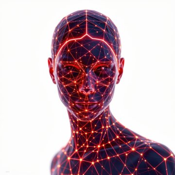 Digital human head and shoulders with glowing neural network connections on a dark background.