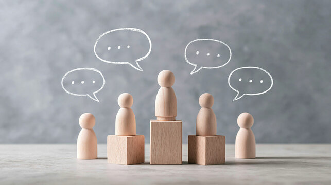 Communication Dialogue: Wooden peg figures represent individuals engaged in a conversation, with speech bubbles symbolizing the exchange of ideas and opinions.