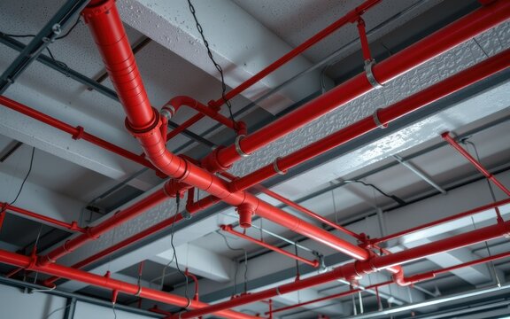 Red industrial pipes and conduit lines installed on a concrete ceiling in a building interior.