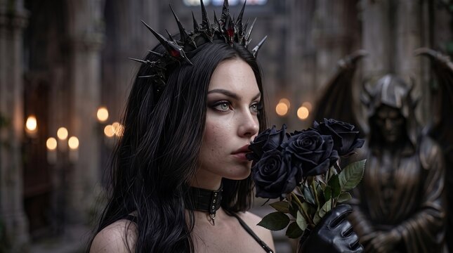 Portrait of Gothic woman with crown holding black roses in castle