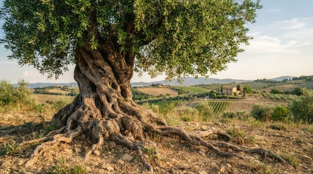 An ancient olive tree dominates the foreground, its gnarled trunk and expansive roots anchoring it to the earth. The tree stands in a picturesque 