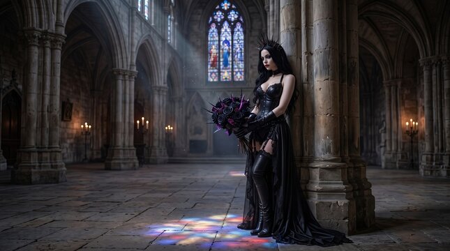 Gothic woman in dark dress holding black roses in castle