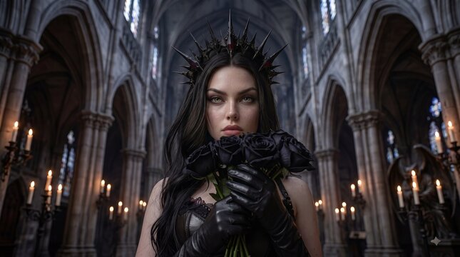Portrait of Gothic woman with crown holding black roses in castle
