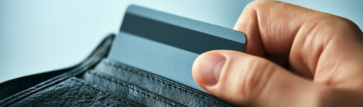 Credit Card and Wallet: A close-up shot shows a hand inserting a credit card into a wallet, symbolizing financial transactions and personal finance management.