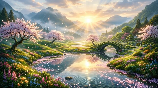 A breathtaking landscape painting depicts a serene Japanese garden scene at sunrise. A stone bridge gracefully spans a calm river, reflecting the golden light of the sun. 
