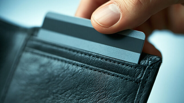 Credit Card Insertion into Wallet: A close-up shot of a hand carefully inserting a credit card into a black leather wallet, symbolizing financial management and payment.