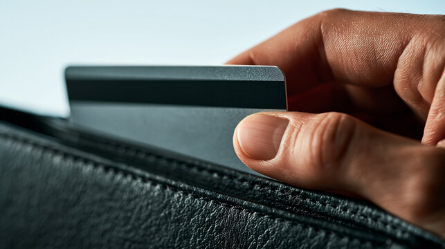 Paying with a Credit Card: A close-up shot of a hand holding a credit card, poised to insert it into a black leather wallet. Suggests the act of commerce and financial transaction.
