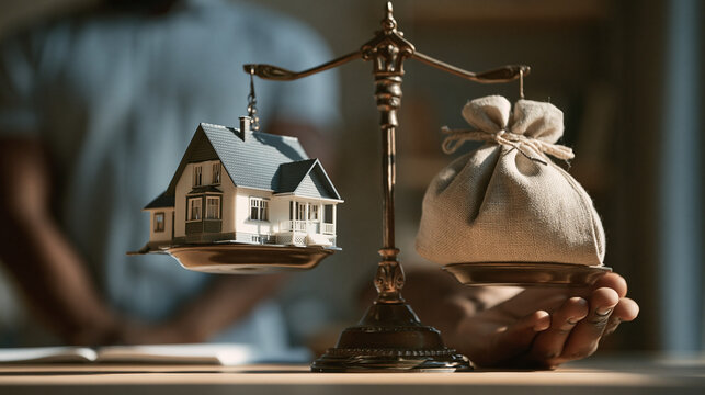 Weighing the Dream: A detailed miniature house is balanced against a sack of money on a vintage scale, symbolizing the significant decision of property investment and its financial implications.