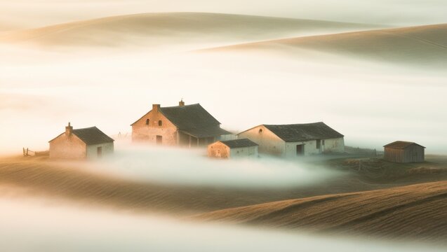 Rustic farm buildings on rolling countryside hills partially covered by thick ground fog during peaceful early morning light