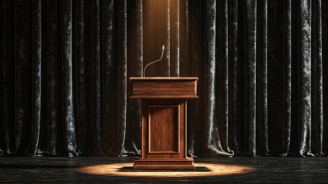 A Stage for Discourse: A polished wooden podium stands center stage beneath a dramatic spotlight, framed by opulent dark curtains, awaiting a speaker.