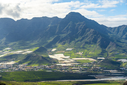 View of La Aldea de San Nicolas with agricultural greenhouses nestled in a lush green valley beneath dramatic mountains in Las Palmas de Gran Canaria, Canary Islands, Spain.