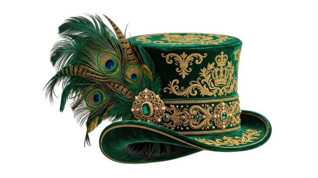 A luxurious, emerald green top hat adorned with vibrant peacock feathers and intricate gold embroidery. The hat features a regal crown emblem and a velvet band.