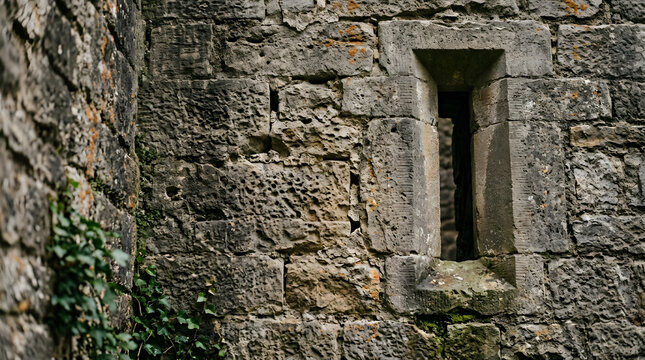 Ancient medieval castle stone wall featuring a narrow arrowslit loophole window, weathered textured masonry covered in green ivy, historic fortification architecture photo.