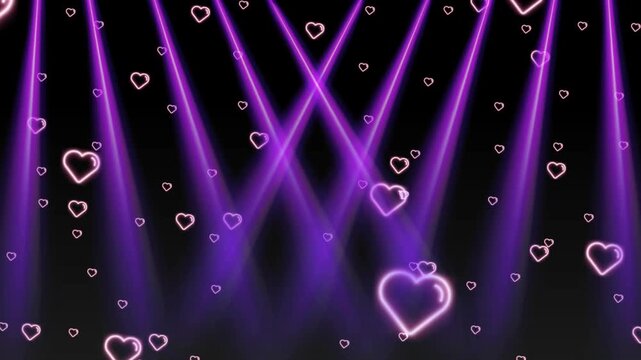 Purple spotlights and glowing neon heart shapes create a stage background design.