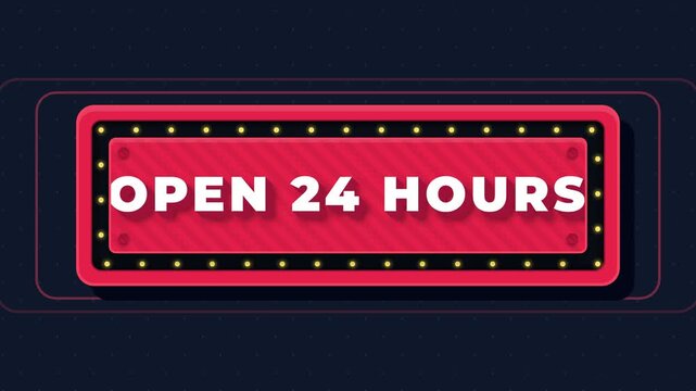 Animated Red Marquee Sign with Open 24 Hours Text and Blinking Lights on Dark Background