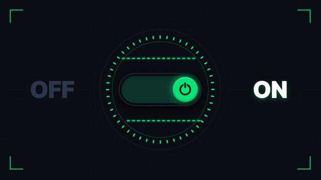 3D animation of a neon power toggle switch moving between off and on states on a dark HUD interface