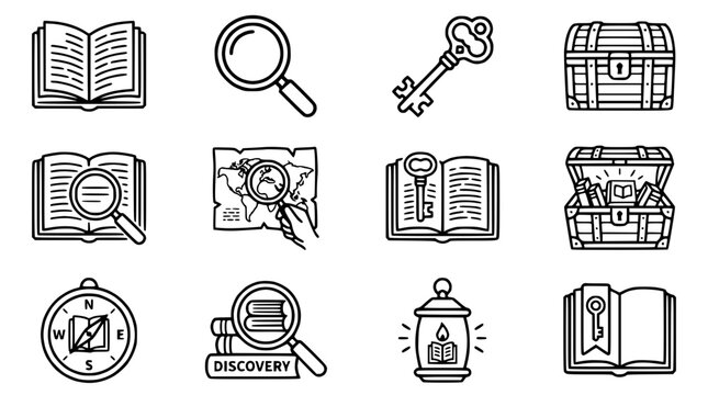 Adventure Icons Set: Treasure Map, Key, Book, Compass, Magnifying Glass, Chest