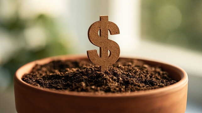 Dollar Sign Growing in Soil: A wooden dollar sign sprouts from rich soil in a terra cotta pot, symbolizing financial growth and investment opportunities.