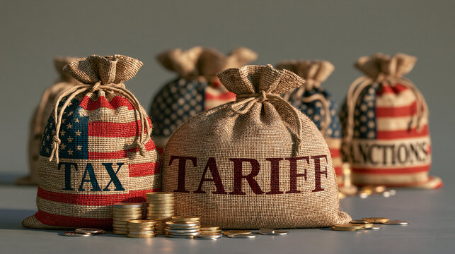 Burlap Sacks with US Flag and Tariff and Tax and Sanctions Labels on Them, Representing Economic Trade Policies and Their Impact.