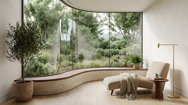 Modern living room interior with a comfortable lounge chair and a large curved window looking out into a lush garden