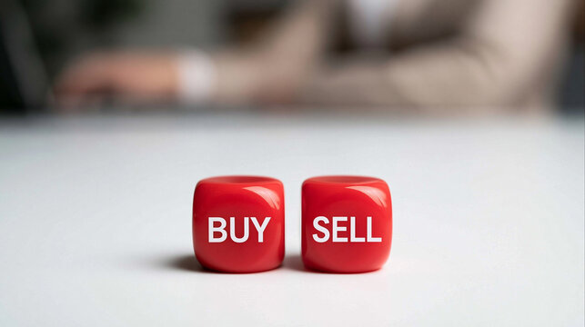 Decision Dice: Two red dice with the words BUY and SELL facing up, symbolizing investment choices and financial speculation, sit on a white surface with a blurred background of a person working.