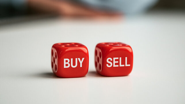 Buy and Sell Dice: Red dice emblazoned with 'BUY' and 'SELL' sit on a white surface, symbolizing financial markets, investment choices, and trading decisions.