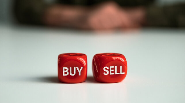 Buy or Sell Decision: Two red dice with the words BUY and SELL inscribed on them sit side-by-side, representing a critical decision in financial trading.