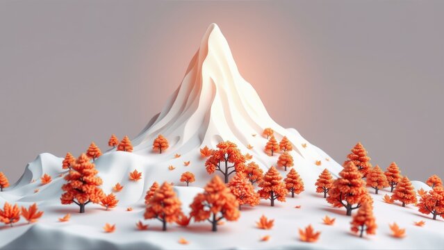 Minimalist mountain landscape. Orange trees dot snowy slopes. Soft lighting creates calm, serene atmosphere. Simple geometry defines forms.