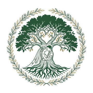 Wedding tree of life vector illustration marriage and family with bride and groom embracing surrounded by a floral wreath