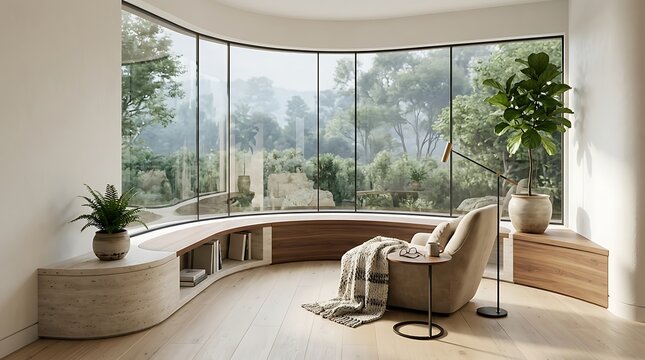 Modern living room interior with a comfortable armchair and large curved windows looking out to a green garden view