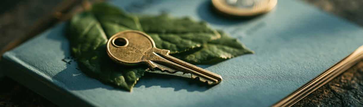 A Metaphorical Key to Serenity: A golden key rests upon a vibrant green leaf, artfully placed on a textured book, suggesting discovery and the unlocking of inner peace.