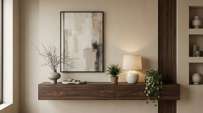 Modern wall mounted shelf with a rectangular mirror and decorative plants in a bright and cozy minimalist living room