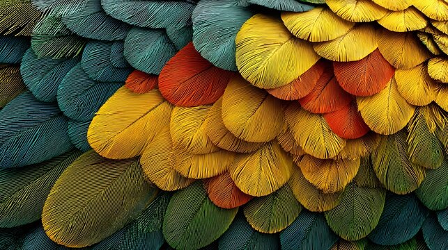 Multi-colored parrot feather layers in macro view, designed for summer promotional banners and cover art textures.