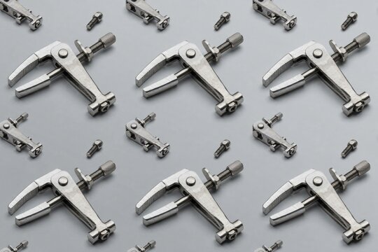 Repeating pattern of metal mechanical pullers and small threaded bolts arranged in a structured grid layout on a solid neutral grey background