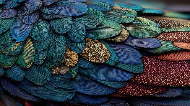Multicolored hummingbird feathers in detailed macro, fitting for creative branding, album art, and wallpapers.