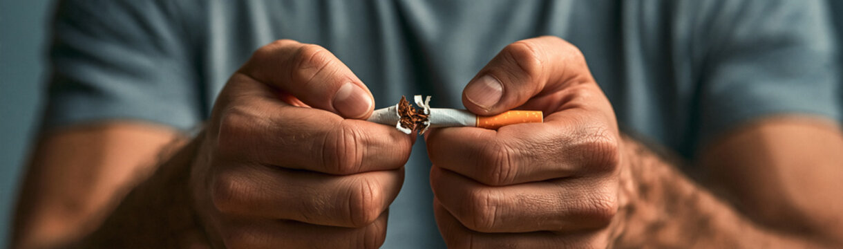 Quitting the Habit: Close-up of a person's hands breaking a cigarette in half, symbolizing the act of quitting smoking and embracing a healthier lifestyle.