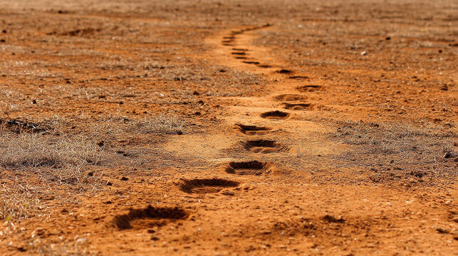 Footprints on brown earth pathway lead through dry ground tracking the movement of a person across the landscape