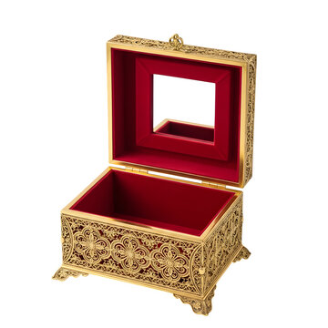 Open decorative gold gift box with red interior