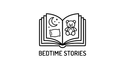 Bedtime Stories Icon: Open Book with Teddy Bear, Pillow, Moon & Stars