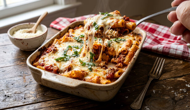 Baked Ziti with Melted Cheese Pull Served from Casserole Dish