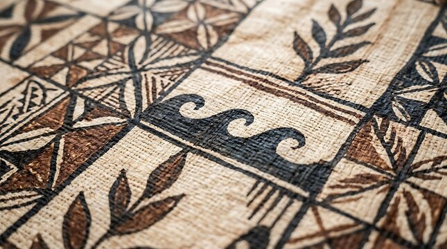 Traditional polynesian tapa cloth with hand painted geometric patterns
