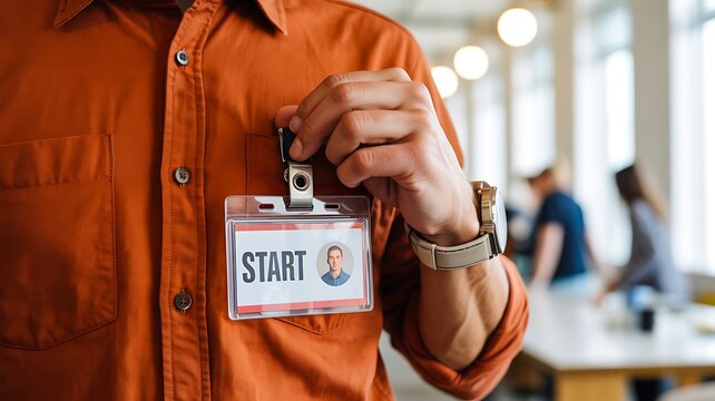 Employee onboarding and workplace identification concept with start badge in modern office