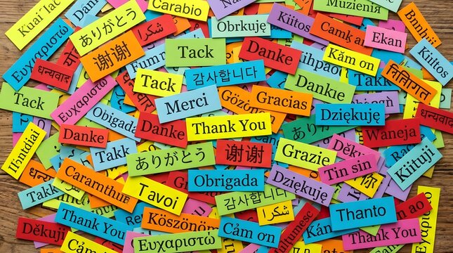 A vibrant collection of colorful paper scraps with handwritten german words scattered randomly on a rustic wooden table surface background