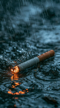 Flickering Hope Extinguished: A solitary cigarette, alight with an ember, lies submerged in the rain-swept puddles, its glow reflected on the water's surface.