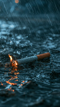 Burning Cigarette in Rain: A solitary cigarette smolders and burns in the pouring rain, floating on dark, rippling water, evoking a sense of melancholy and impermanence.
