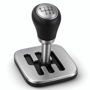 Manual Gear Shifter: A close-up view of a modern manual transmission gear shifter, showcasing its leather-wrapped knob and metallic finish against a clean background, highlighting automotive detail.